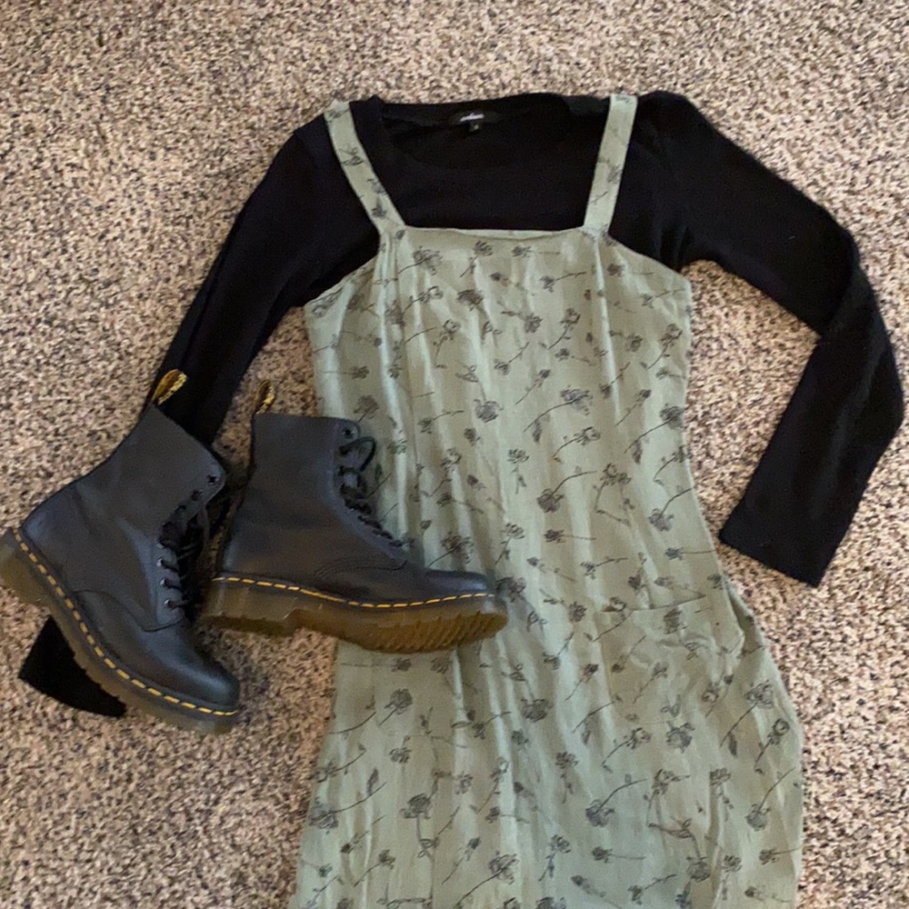 🍁 Vintage Y2K Sage Olive Green Floral Midi Long Fall Dress American Eagle - Picture 1 of 6